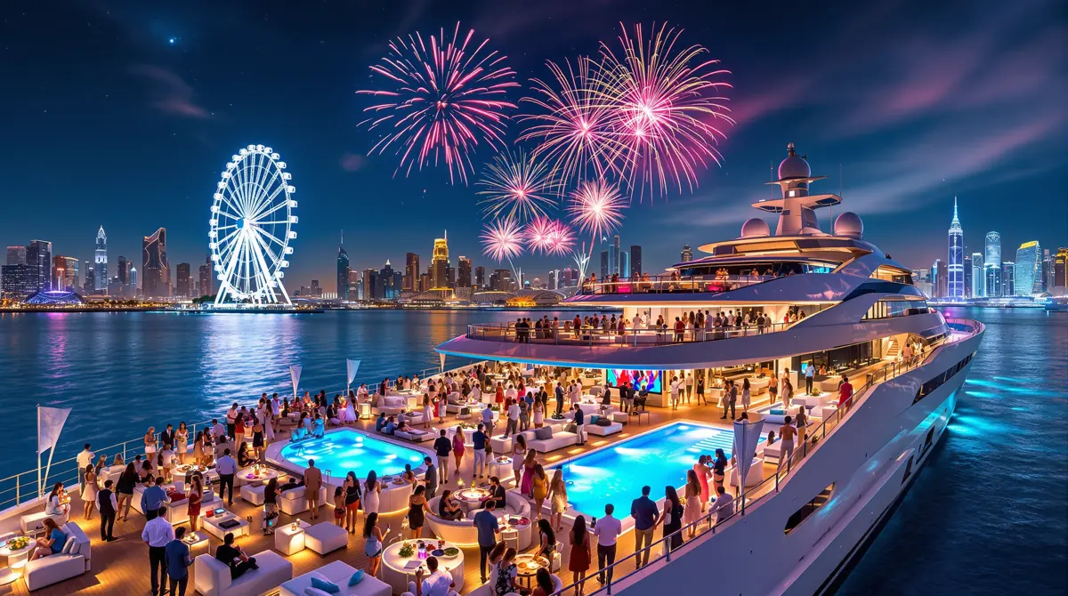 A white superyacht lit up on the water beside the Ain Dubai wheel, crowds on deck and fireworks above