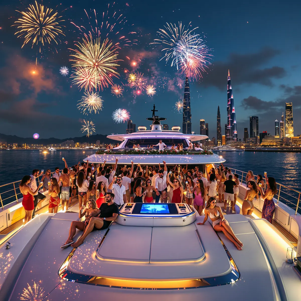 A yacht cruising past the illuminated observation wheel at night